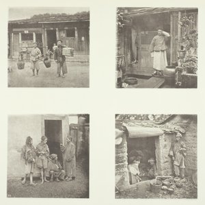 Foochow koelies, een Foochow-detective, de dievenchef, bedelaars die in een toren wonen, ca. 1868 door John Thomson
