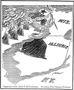 Oversteek naar Illinois, redactionele cartoon door John Tinney McCutcheon