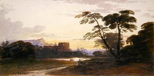 Een figuur in een bebost landschap