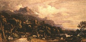 Landschap met kasteel en berg door John Varley