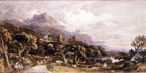 Landschap met kasteel en berg door John Varley