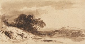 Rivierlandschap met Twee Figuren, Meer en Verre Bergen