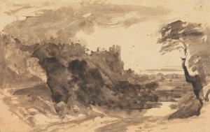 Romantisch landschap met een kasteel en een boom aan de rechterkant