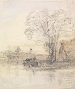 Bomen overhangend een rivier door John Varley