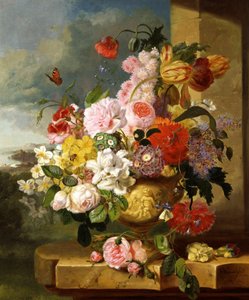 Stilleven van bloemen in een vaas (waaronder narcissen, rozen, tulpen en primula