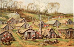 Het hutkamp op de Dyckman-boerderij, illustratie uit Relics of the revolution; het verhaal van de ontdekking van de begraven resten van het militaire leven in forten en kampen op Manhattan Island door Reginald Pelham door John Ward after Dunsmore