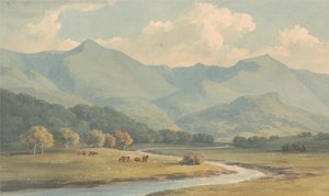 Carnedd Llewelyn en Carnedd David, Carnarvonshire, gezien over de rivier Ogwen door John Warwick Smith