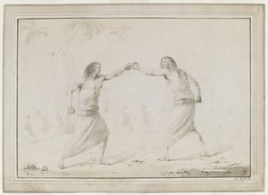 Twee mannen boksen, met toeschouwers zittend in een halve cirkel en palmbomen vaag op de achtergrond. door John Webber