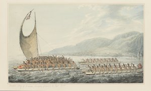 35: Tereoboo, Koning van Owyhee, brengt geschenken aan Kapitein Cook, uit een serie aquarellen die de laatste reis van Kapitein Cook illustreren, c.1773-84 (aquarel op papier)