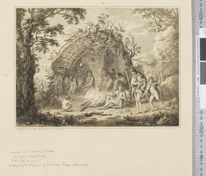 Inheemsen in het interieur van een hut door John Webber