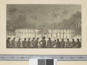 Een nachtelijke dans door vrouwen in Hapaee door John Webber