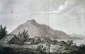 Binnenkant van hippah op het eiland Motuara, gebaseerd op tekening van John Webber (1750-1793), uit verslag van laatste reis van James Cook (1776-1779), gravure door John Webber