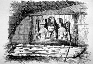 Binnenkant van een Begrafenishut, Tahiti door John Webber