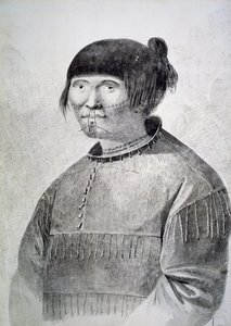 Portret van getatoeëerde inboorling van het eiland Unalaska