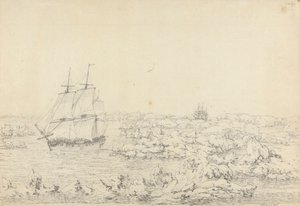 De Resolution die door het ijs slaat, met de Discovery in het grootste gevaar in de verte door John Webber