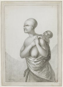 [Hele tekening] Een Tasmaanse vrouw die een kind op haar rug draagt, met een huid over haar linker schouder om haar middel. Januari 1777 door John Webber