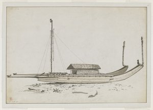 [Gehele tekening] Een dubbele reiskano van Otaheite [Tahiti], met uitgebreide houtsnijwerk door John Webber