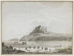 Uitzicht op Christmas Harbour, Kerguelen Island, met de Discovery en de Resolution voor anker. Twee scheepsboten zijn uit, één landt zeelieden aan de kust. Op de voorgrond twintig pinguïns in groepen en een zeeleeuw. 25-30 december 1776 door John Webber