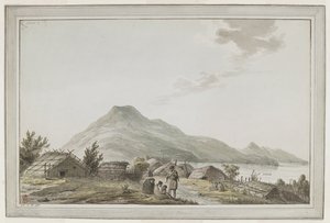 Uitzicht op de Hippah, of versterkt dorp, aan de zuidwestpunt van Motuara in Queen Charlotte Sound. Het uitzicht kijkt naar het noorden, met Motuara op de achtergrond. De tekening kan het resultaat zijn van het bezoek van Kapitein Cook op 15 februari 1777.