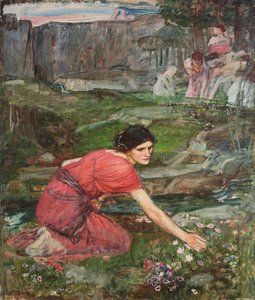 Een studie: Meisjes die bloemen plukken bij een stroom, ca. 1909-1914