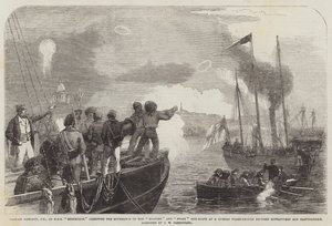 Kapitein Hewlett, CB, van HMS Edinburgh, die de bewegingen van de Snapper en Stork kanonneerboten bij een Russische driemaster tussen Gustafsvern en Bartholomew leidt door John Wilson Carmichael