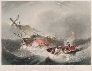 Het zinken van de Forfarshire stoomboot op de rotsen van de Farne-eilanden (Engeland), zoals het verscheen bij zonsopgang op 7 september door John Wilson Carmichael