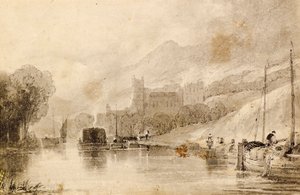 Rivierscène met Aken en Vernietigd Kasteel door John Wilson Ewbank