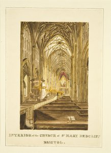 Zicht op het middenpad van St Mary Redcliffe, kijkend naar het oosten, met het Hogarth altaarstuk, ca. 1824 door John Withers