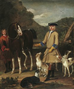Edward, Lord Seymour, met zijn paard, knecht en honden, in een landschap