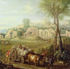 Hooiwagen passeert een verwoeste abdij, c.1740-50