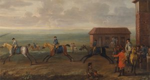 Lord Portmore kijkt naar racepaarden tijdens de training op Newmarket Heath
