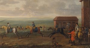 Lord Portmore kijkt naar renpaarden in training op Newmarket Heath door John Wootton