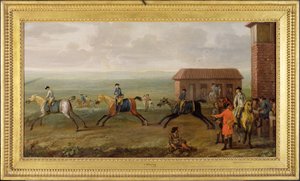 Lord Portmore kijkt naar racepaarden tijdens de training op Newmarket Heath, c.1735