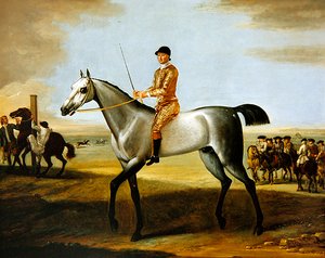 De beroemde grijze renpaard Coneyskins van de hertog van Rutland met jockey op Newmarket Heath