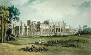 Eaton Hall, westkant van de tuin, uit Ackermanns Repository of Arts, gepubliceerd ca. 1826 door John after Gendall