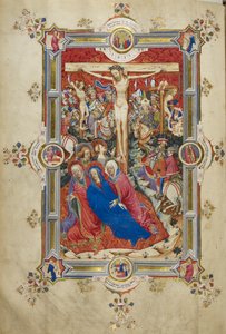 De kruisiging, introductie van de Canon van de Mis. Christus aan het kruis, geflankeerd door dieven, flauwvallende Maagd ondersteund door vrouwen en St. Johannes, Magdalena aan de voet van het kruis. Menigte van ruiters in eigentijdse kleding, inclusief Lo