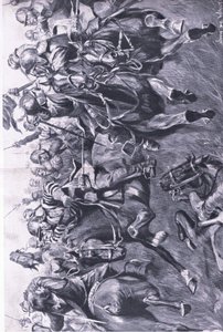 Marston Moor, 2 juli 1644: De Schotse cavalerie onder Leslie, aanvallend op de flank van Prins Rupert, illustratie uit Britse gevechten op land en zee, 1915 door John de Walton
