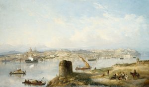 Een Uitgebreid Uitzicht op Lissabon aan de Rivier Tejo met de Praca do Terreiro do Paco, de Oude Kathedraal en het Castelo de S. Jorge