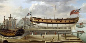 Een zesdeklasser, een oorlogsschip van de Britse Koninklijke Marine, in droogdok, de scheepswerf is waarschijnlijk die van Rotherhite, aan de zuidelijke oever van de Theems, Engeland door John the Elder Cleveley