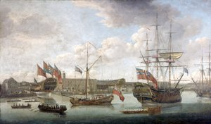 Lancering bij Deptford Dockyard, ca. 1750 door John the Elder Cleveley