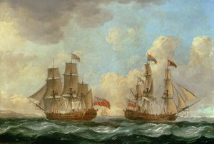 De slechtvalk in twee posities voor de kust, 1766 door John the Elder Cleveley