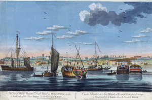 Uitzicht op de koninklijke dokken in Woolwich, op de linkeroever van de Theems (Engeland), in County Kent. Kleurgravure door John Clevely de Jongere (1747-1786) door John the Younger Cleveley