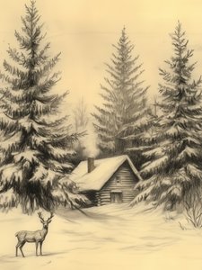 Rustieke winterhut met herten