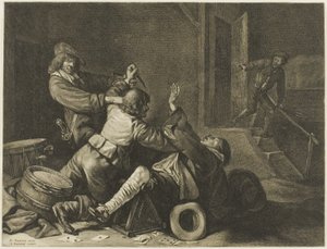 Drie mannen worstelen in een interieur