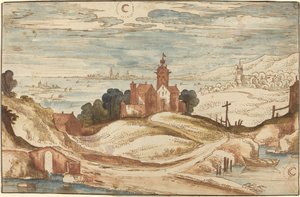 Landschap met kasteel op een heuvel door Joos de Momper II