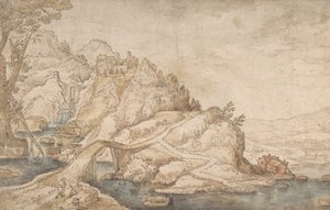 Heuvelachtig Landschap met Rivier, Brug en Huizen met Twee Figuren Links door Joos de Momper the Younger.