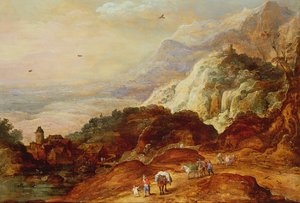 Een Bergachtig Landschap met Figuren en Muilezels door Joos or Josse de Momper