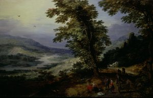 Bergweg met reizigers, ca.1610-25 (olieverf op gewelfd paneel)