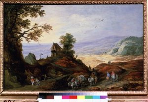 Landschap met een kapel op een heuvel door Joos or Josse de The Younger Momper