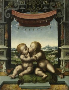 De kinderen Christus en Sint Jan de Doper die elkaar omarmen door Joos van Cleve